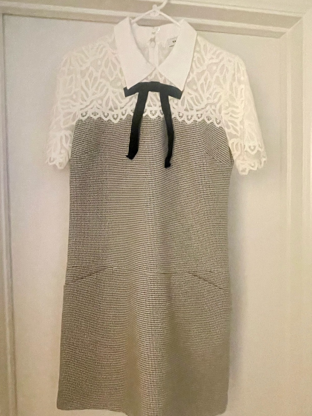 Sandro Black & White Lace-Collar Houndstooth Midi Dress